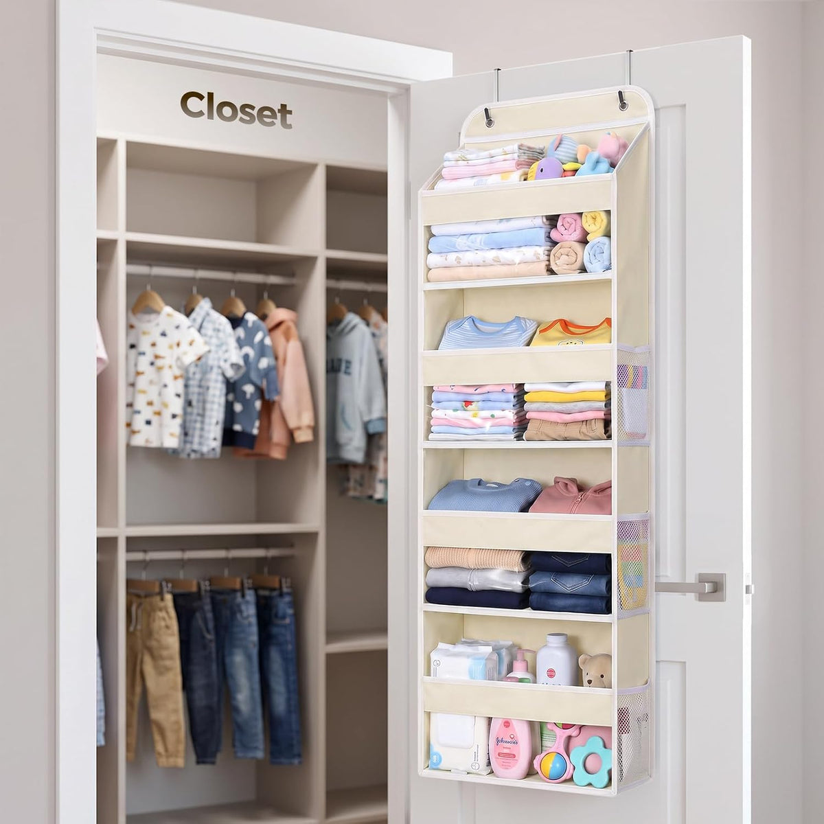 LAMU Over the Door Organizer, Large Capacity Behind the Door Storage with Clear PVC Windows, Back to School Supplies, Stuffed Animal Storage for Dorm Closet Nursery Bathroom Pantry, 4 Tier Grey