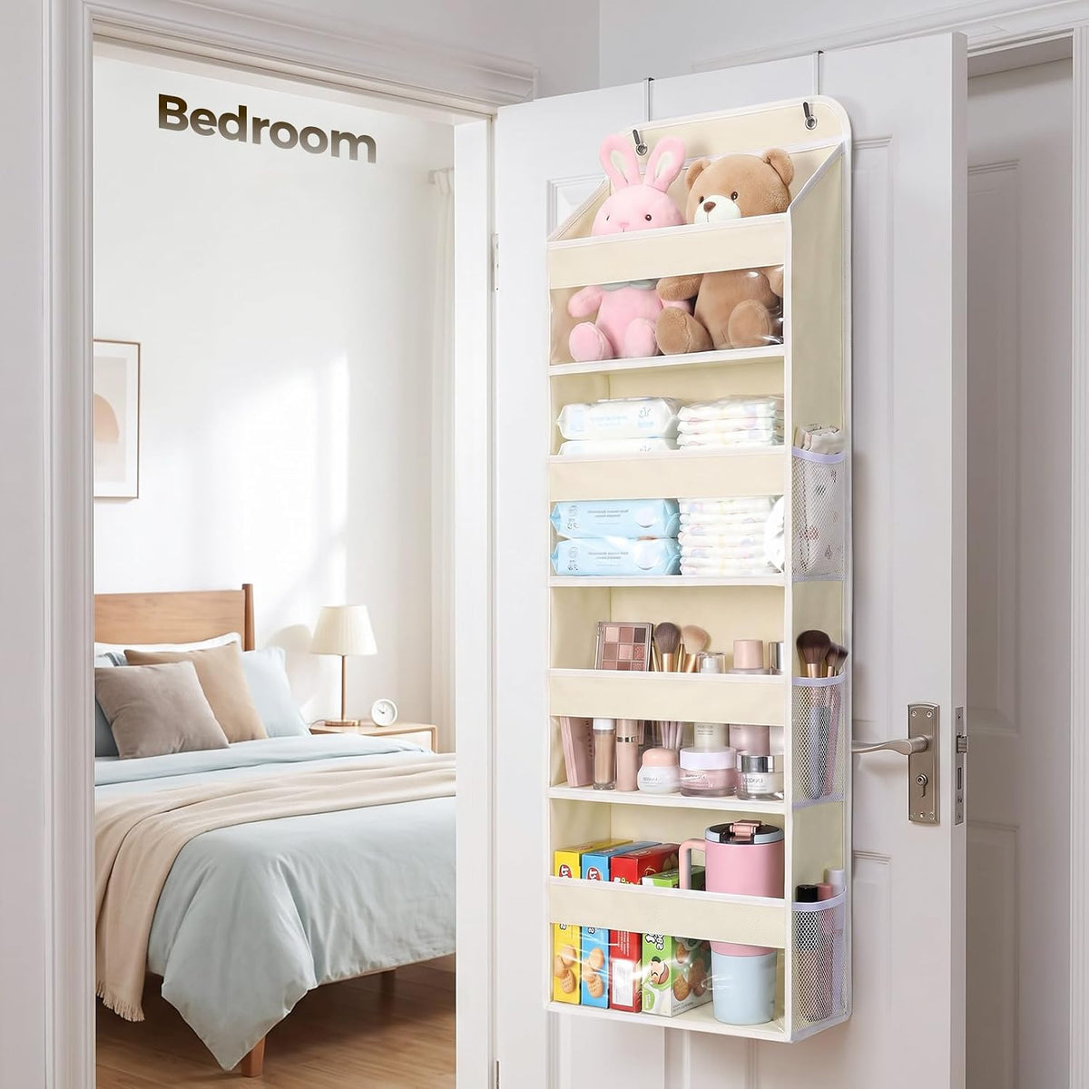 LAMU Over the Door Organizer, Large Capacity Behind the Door Storage with Clear PVC Windows, Back to School Supplies, Stuffed Animal Storage for Dorm Closet Nursery Bathroom Pantry, 4 Tier Grey