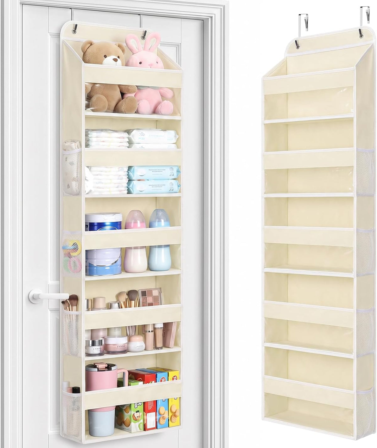 LAMU Over the Door Organizer, Large Capacity Behind the Door Storage with Clear PVC Windows, Back to School Supplies, Stuffed Animal Storage for Dorm Closet Nursery Bathroom Pantry, 4 Tier Grey