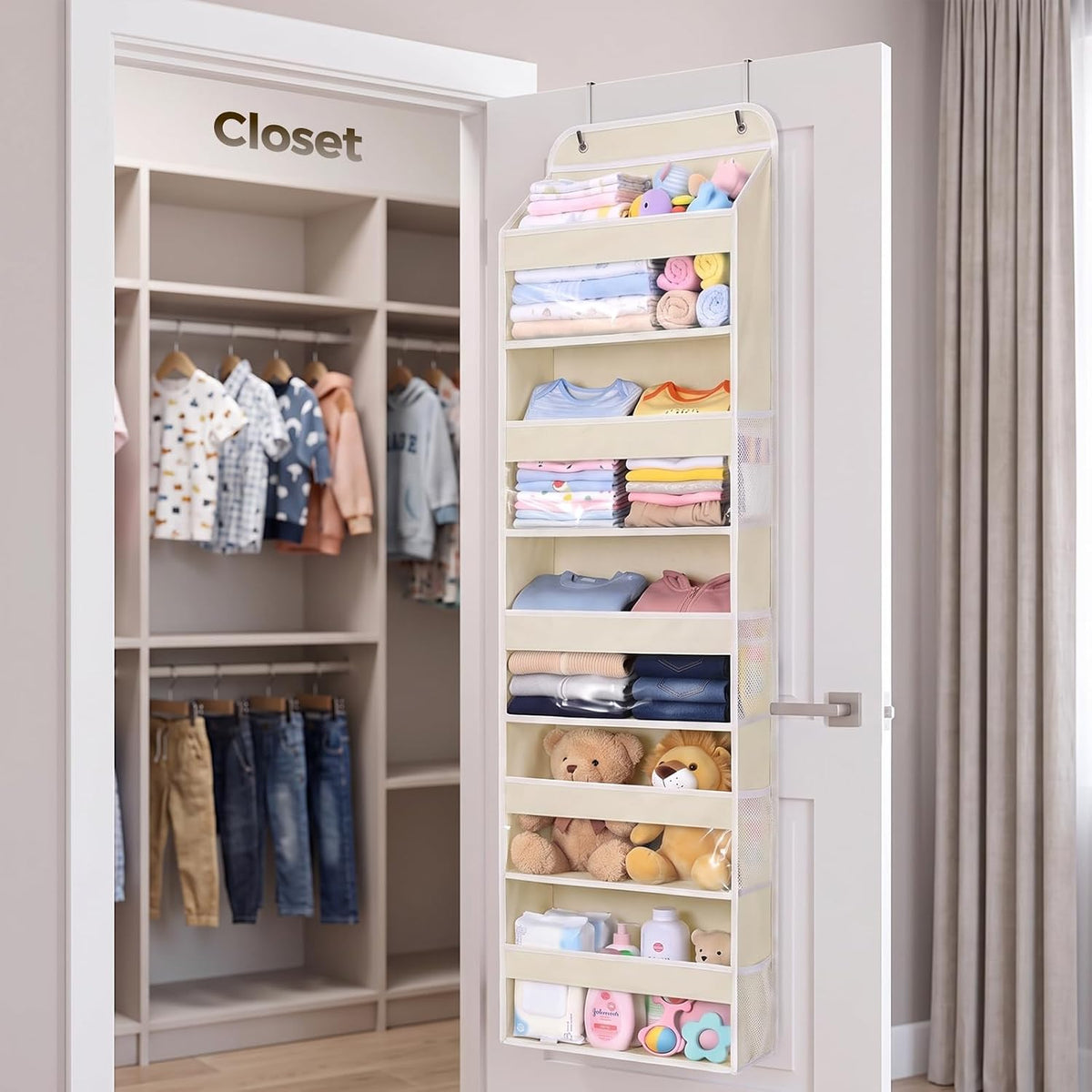 LAMU Over the Door Organizer, Large Capacity Behind the Door Storage with Clear PVC Windows, Back to School Supplies, Stuffed Animal Storage for Dorm Closet Nursery Bathroom Pantry, 4 Tier Grey
