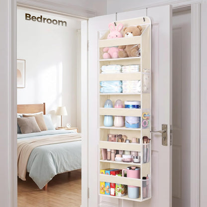 LAMU Over the Door Organizer, Large Capacity Behind the Door Storage with Clear PVC Windows, Back to School Supplies, Stuffed Animal Storage for Dorm Closet Nursery Bathroom Pantry, 4 Tier Grey