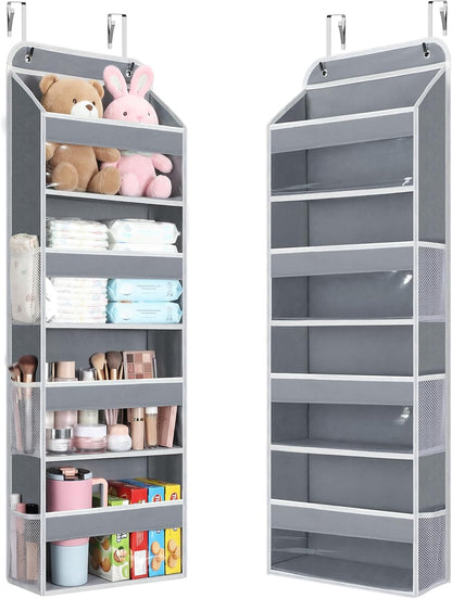 LAMU Over the Door Organizer, Large Capacity Behind the Door Storage with Clear PVC Windows, Back to School Supplies, Stuffed Animal Storage for Dorm Closet Nursery Bathroom Pantry, 4 Tier Grey