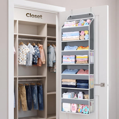 LAMU Over the Door Organizer, Large Capacity Behind the Door Storage with Clear PVC Windows, Back to School Supplies, Stuffed Animal Storage for Dorm Closet Nursery Bathroom Pantry, 4 Tier Grey