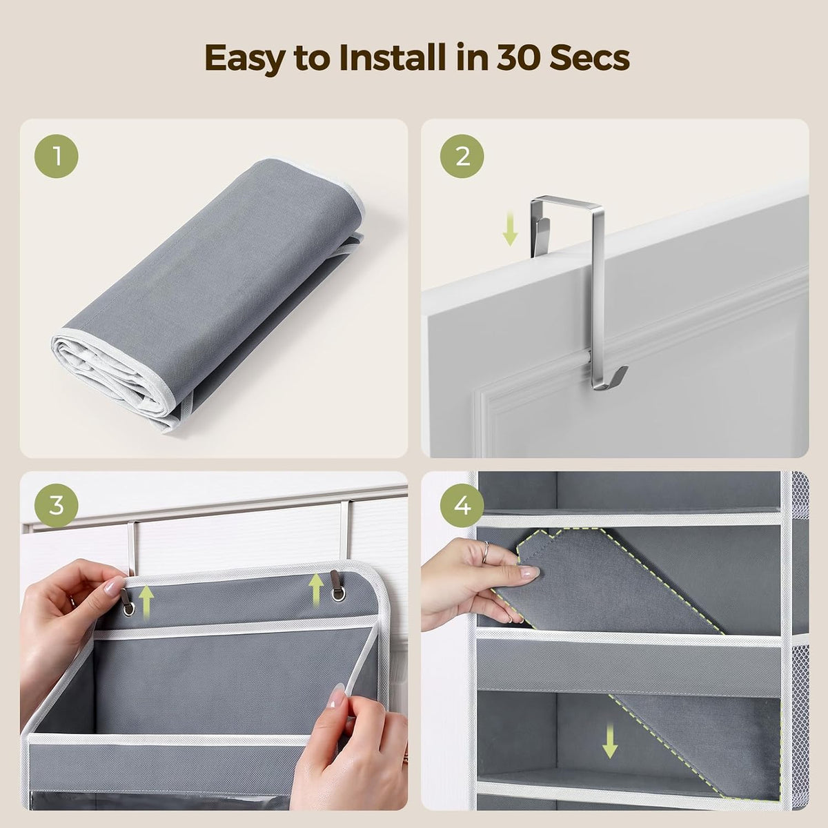 LAMU Over the Door Organizer, Large Capacity Behind the Door Storage with Clear PVC Windows, Back to School Supplies, Stuffed Animal Storage for Dorm Closet Nursery Bathroom Pantry, 4 Tier Grey