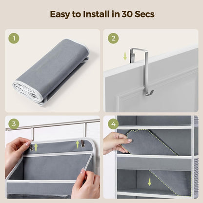 LAMU Over the Door Organizer, Large Capacity Behind the Door Storage with Clear PVC Windows, Back to School Supplies, Stuffed Animal Storage for Dorm Closet Nursery Bathroom Pantry, 4 Tier Grey