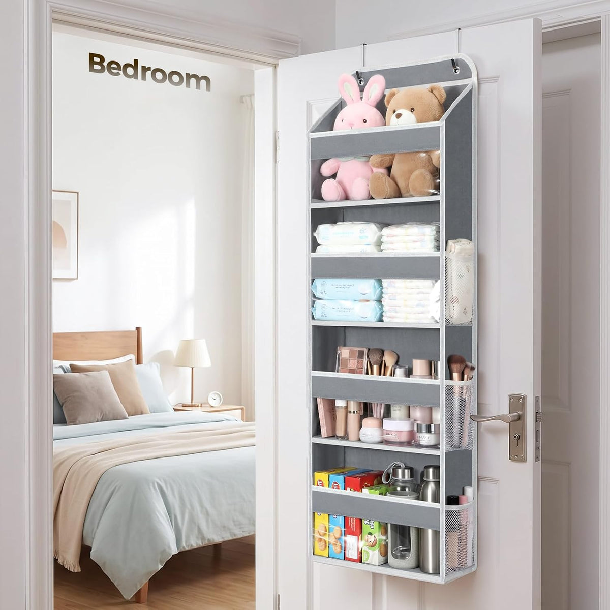LAMU Over the Door Organizer, Large Capacity Behind the Door Storage with Clear PVC Windows, Back to School Supplies, Stuffed Animal Storage for Dorm Closet Nursery Bathroom Pantry, 4 Tier Grey