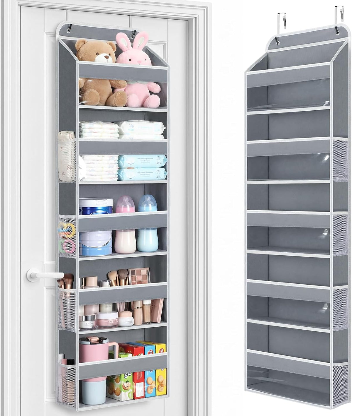 LAMU Over the Door Organizer, Large Capacity Behind the Door Storage with Clear PVC Windows, Back to School Supplies, Stuffed Animal Storage for Dorm Closet Nursery Bathroom Pantry, 4 Tier Grey