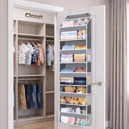 LAMU Over the Door Organizer, Large Capacity Behind the Door Storage with Clear PVC Windows, Back to School Supplies, Stuffed Animal Storage for Dorm Closet Nursery Bathroom Pantry, 4 Tier Grey
