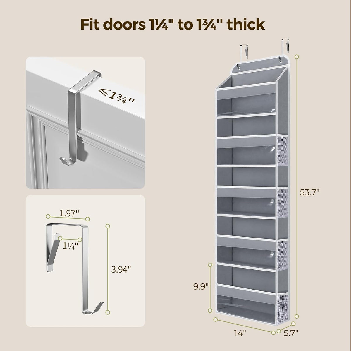 LAMU Over the Door Organizer, Large Capacity Behind the Door Storage with Clear PVC Windows, Back to School Supplies, Stuffed Animal Storage for Dorm Closet Nursery Bathroom Pantry, 4 Tier Grey