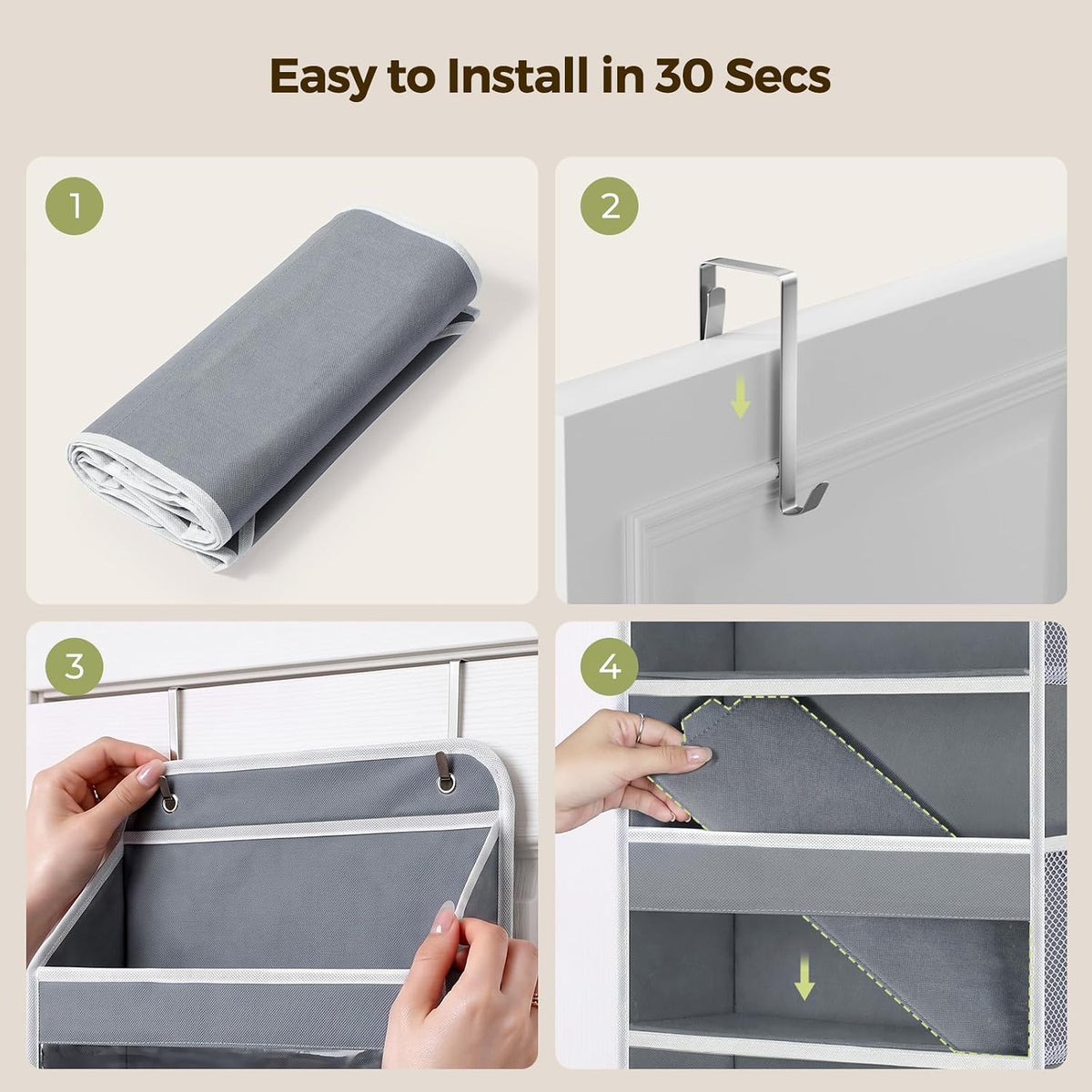LAMU Over the Door Organizer, Large Capacity Behind the Door Storage with Clear PVC Windows, Back to School Supplies, Stuffed Animal Storage for Dorm Closet Nursery Bathroom Pantry, 4 Tier Grey