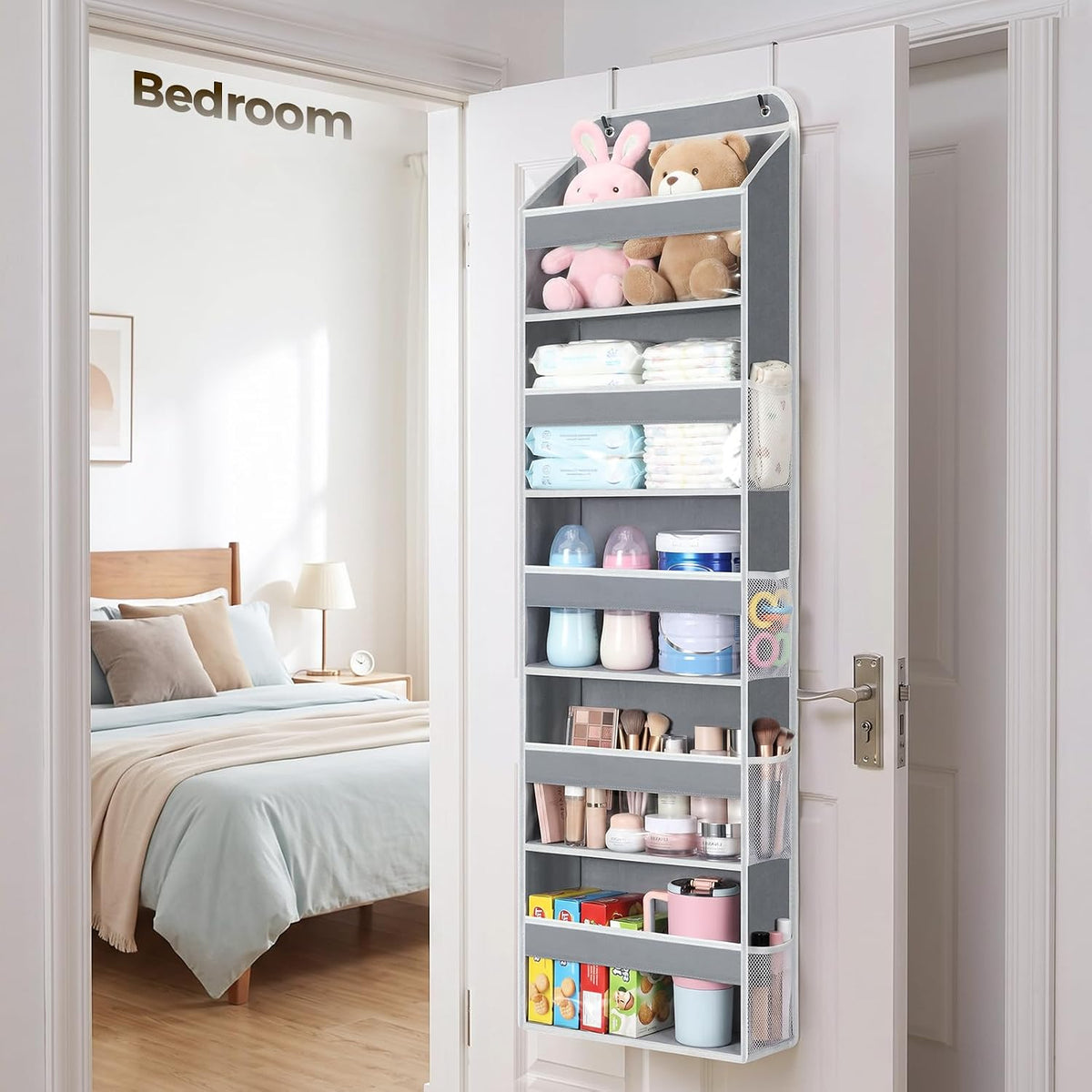 LAMU Over the Door Organizer, Large Capacity Behind the Door Storage with Clear PVC Windows, Back to School Supplies, Stuffed Animal Storage for Dorm Closet Nursery Bathroom Pantry, 4 Tier Grey