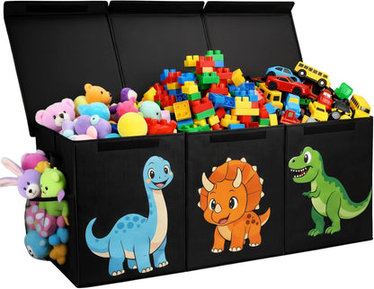 Extra Large Collapsible Toy Box Chest, Sturdy Dinosaur Toy Storage Organizer with Lids, 40"x16"x14", Toy Box for Boys Girls, Cute Kids Bin Baskets for Living Room, Playroom, Nursery, Bedroom, Black