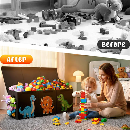 Extra Large Collapsible Toy Box Chest, Sturdy Dinosaur Toy Storage Organizer with Lids, 40"x16"x14", Toy Box for Boys Girls, Cute Kids Bin Baskets for Living Room, Playroom, Nursery, Bedroom, Black