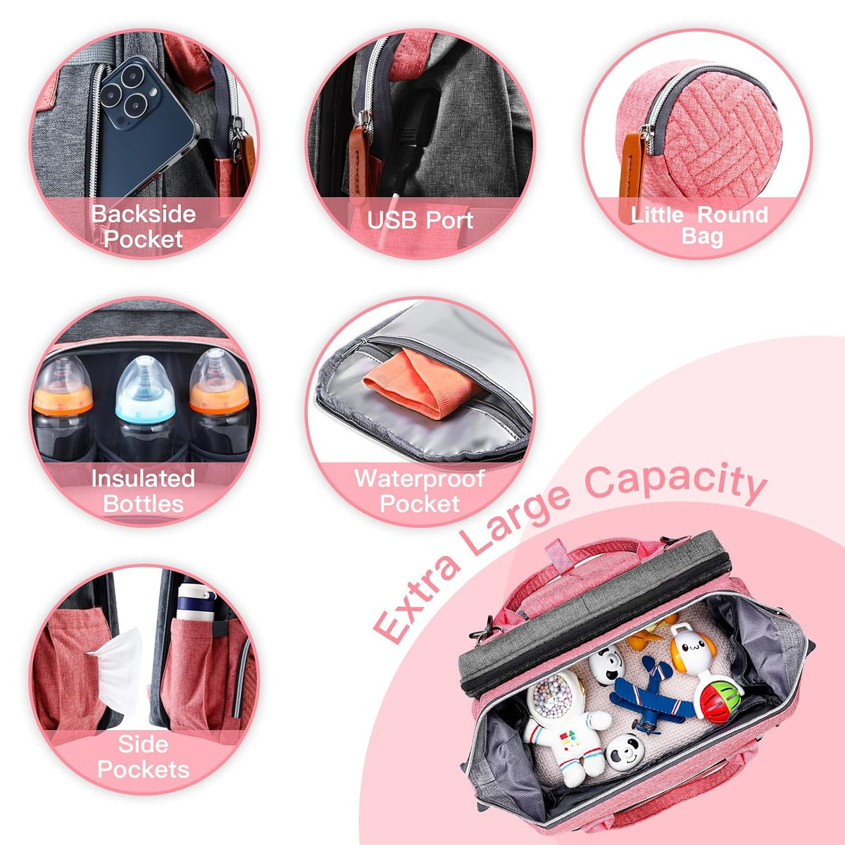 Diaper Bag Backpack with Changing Station, Baby Bags for Girls, Pink