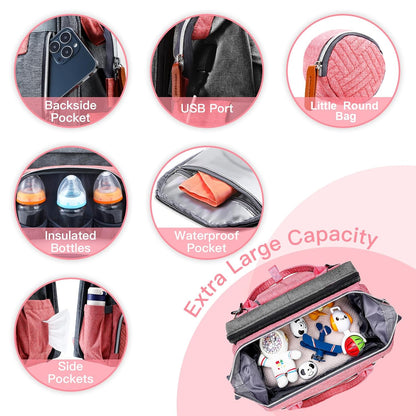 Diaper Bag Backpack with Changing Station, Baby Bags for Girls, Pink