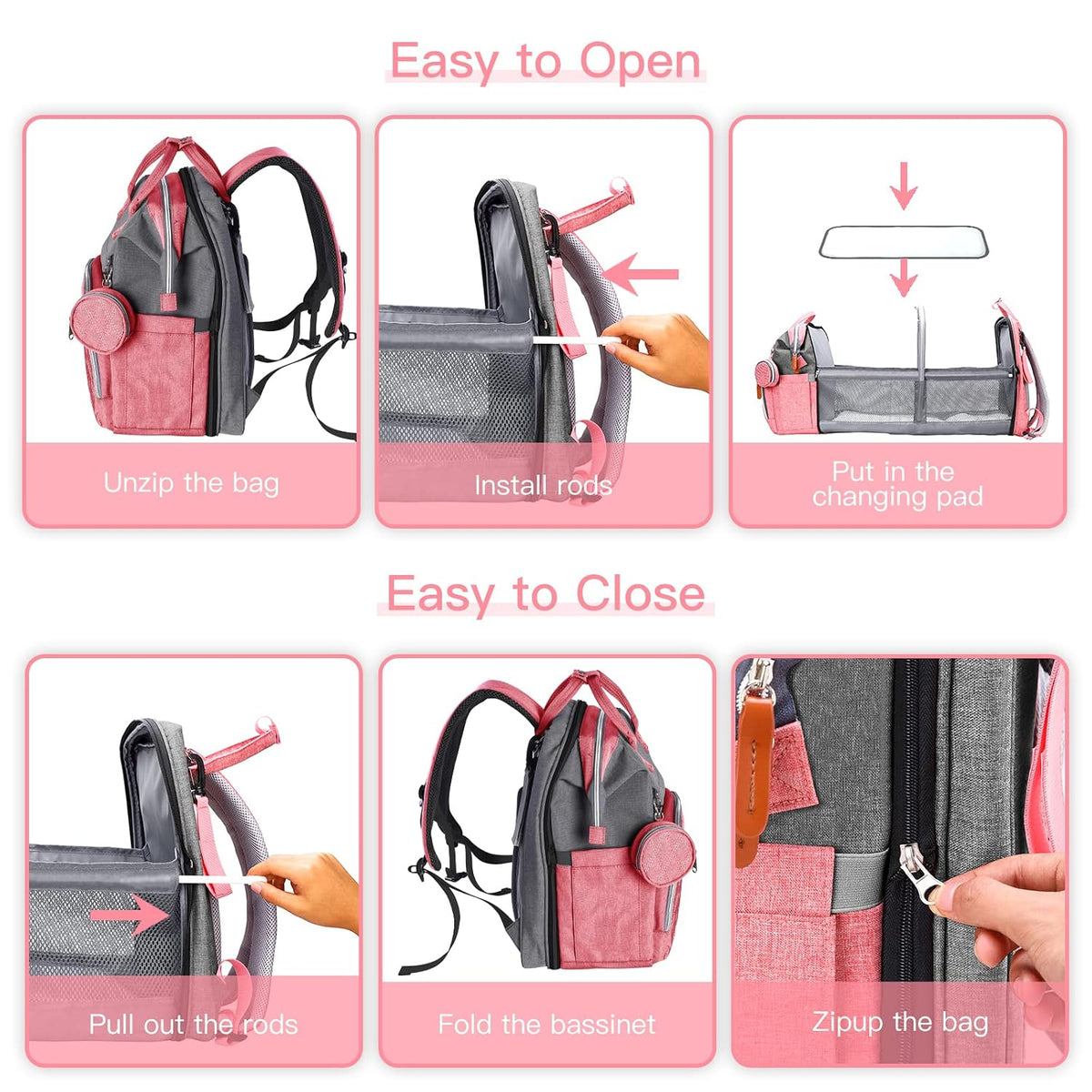 Diaper Bag Backpack with Changing Station, Baby Bags for Girls, Pink