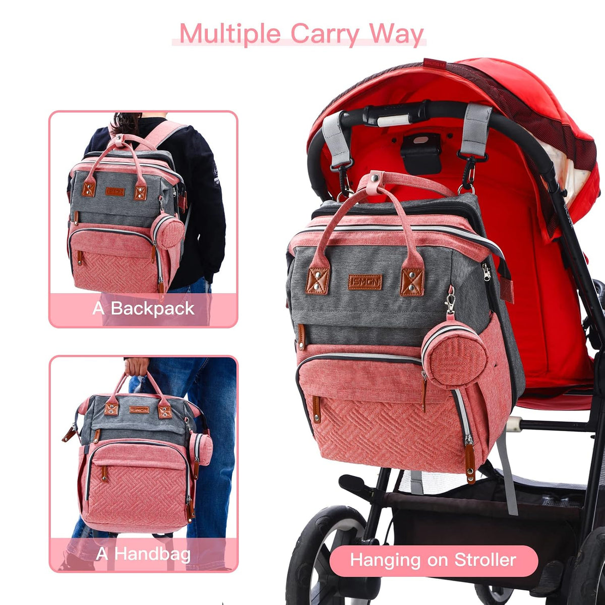Diaper Bag Backpack with Changing Station, Baby Bags for Girls, Pink