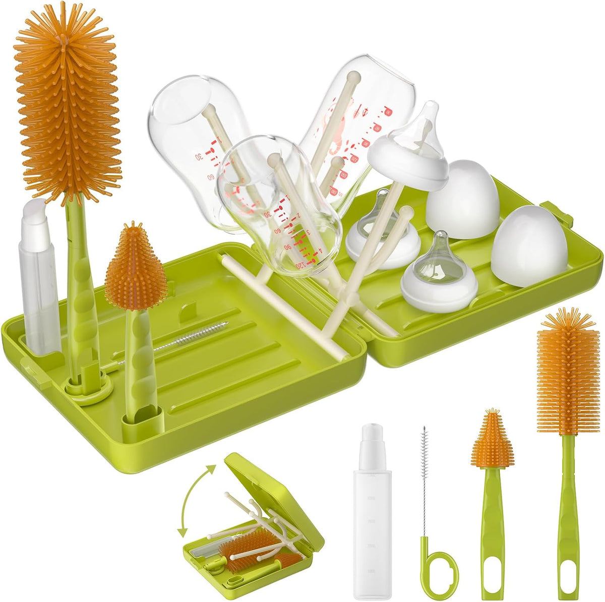 Baby Bottle Care Set 6-in-1 Travel & Home Kit with Silicone Bottle Brush, Nipple & Straw Brush, Soap Dispenser, Foldable Drying Rack & Storage Case, BPA Free (Green)