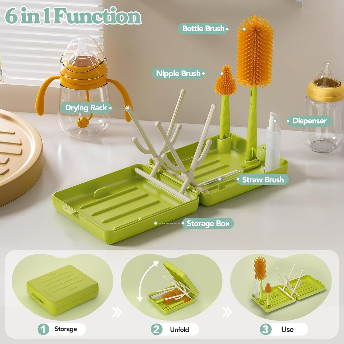 Baby Bottle Care Set 6-in-1 Travel & Home Kit with Silicone Bottle Brush, Nipple & Straw Brush, Soap Dispenser, Foldable Drying Rack & Storage Case, BPA Free (Green)