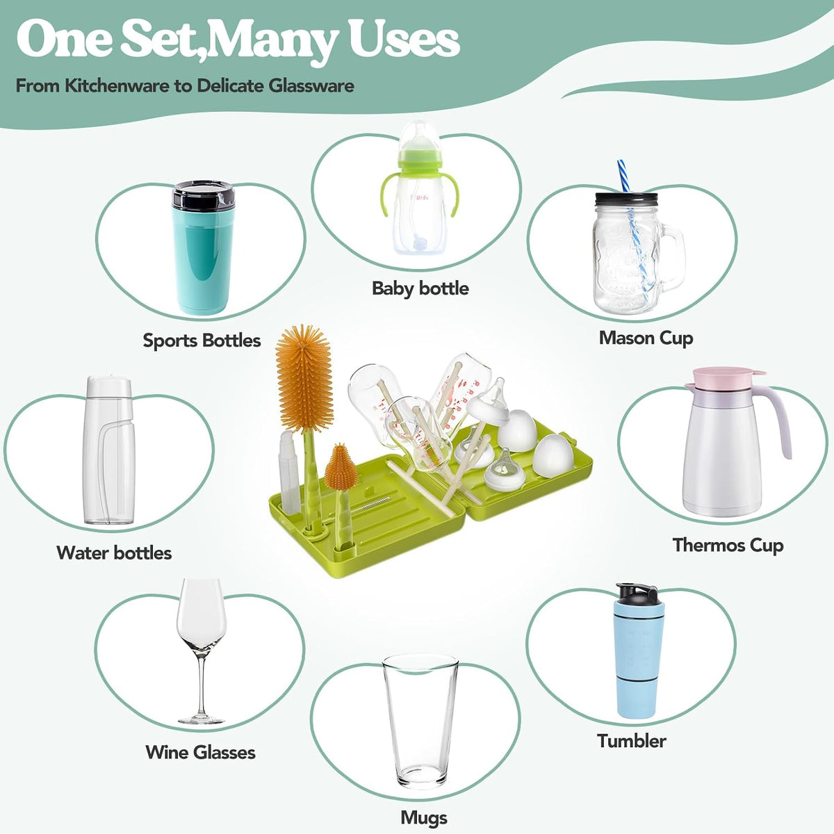 Baby Bottle Care Set 6-in-1 Travel & Home Kit with Silicone Bottle Brush, Nipple & Straw Brush, Soap Dispenser, Foldable Drying Rack & Storage Case, BPA Free (Green)