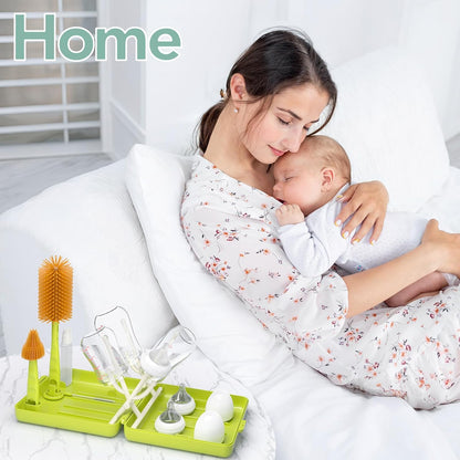 Baby Bottle Care Set 6-in-1 Travel & Home Kit with Silicone Bottle Brush, Nipple & Straw Brush, Soap Dispenser, Foldable Drying Rack & Storage Case, BPA Free (Green)