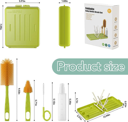 Baby Bottle Care Set 6-in-1 Travel & Home Kit with Silicone Bottle Brush, Nipple & Straw Brush, Soap Dispenser, Foldable Drying Rack & Storage Case, BPA Free (Green)