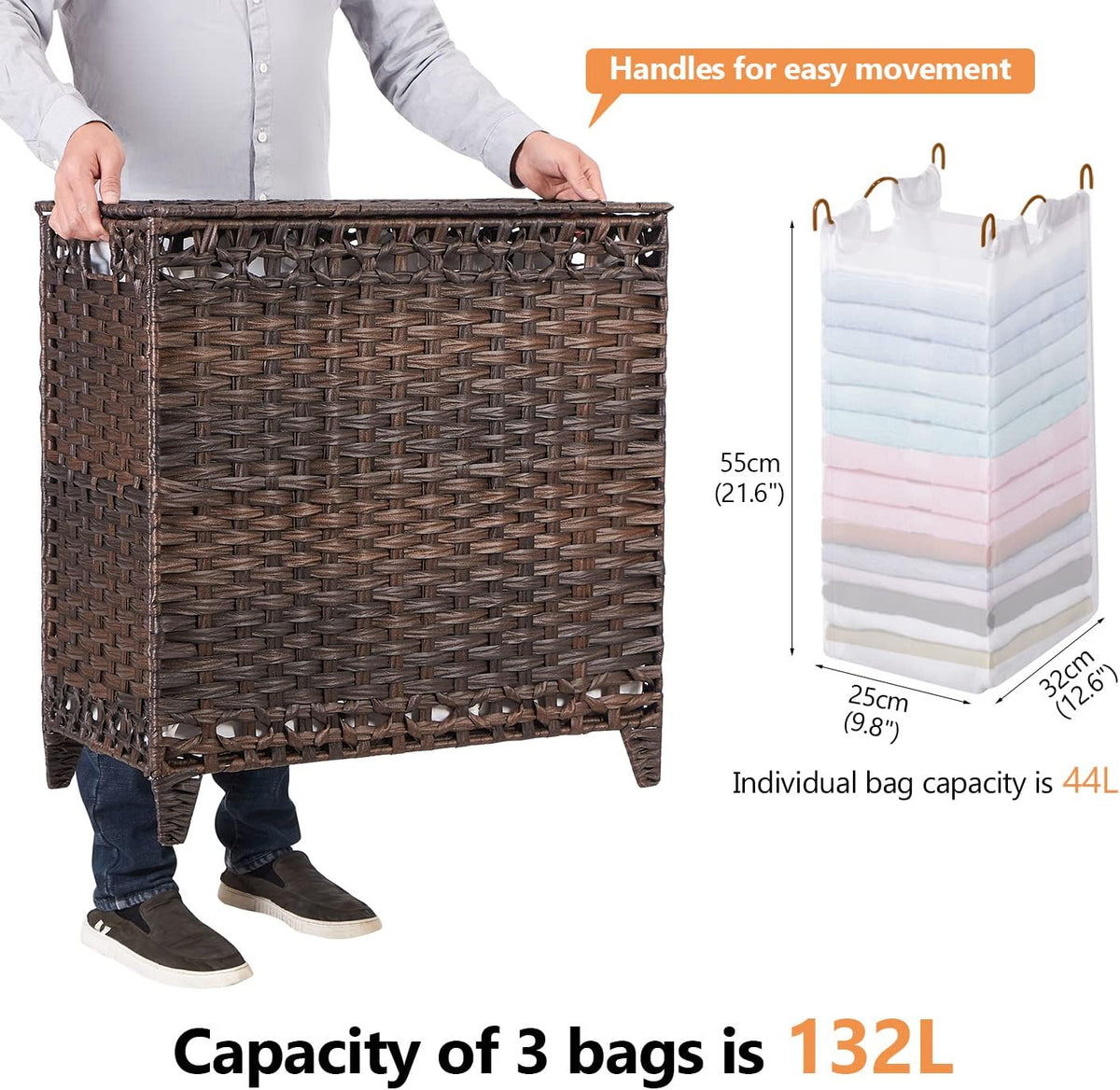 Laundry Hamper with 4 Removable Liner Bags, 176L Laundry Sorter with Lid