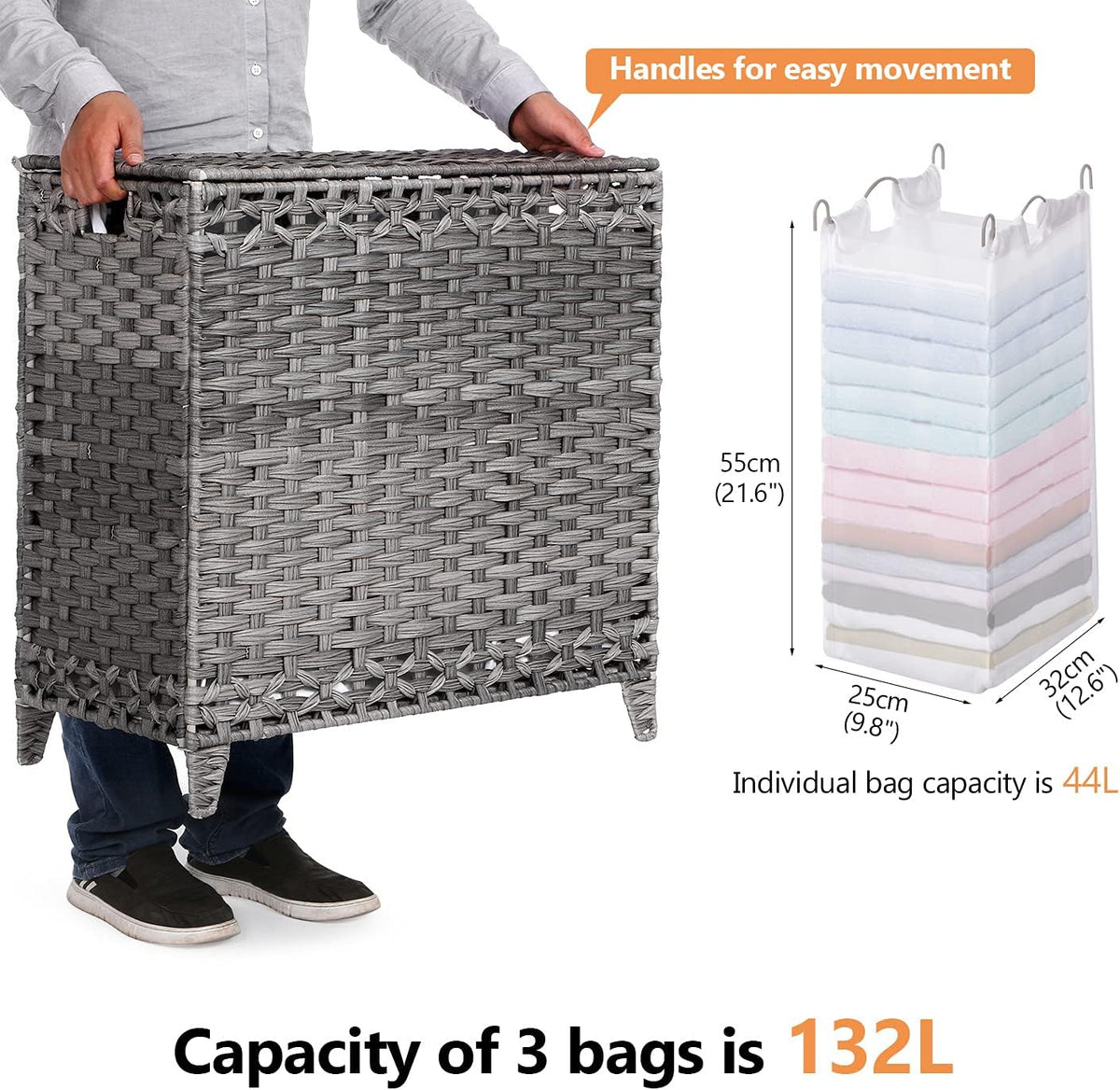 Laundry Hamper with 4 Removable Liner Bags, 176L Laundry Sorter with Lid