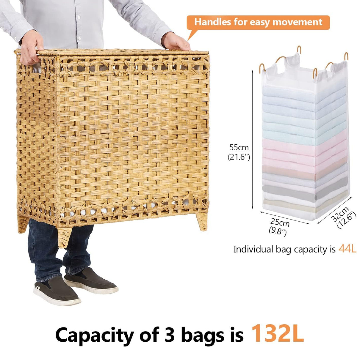 Laundry Hamper with 4 Removable Liner Bags, 176L Laundry Sorter with Lid