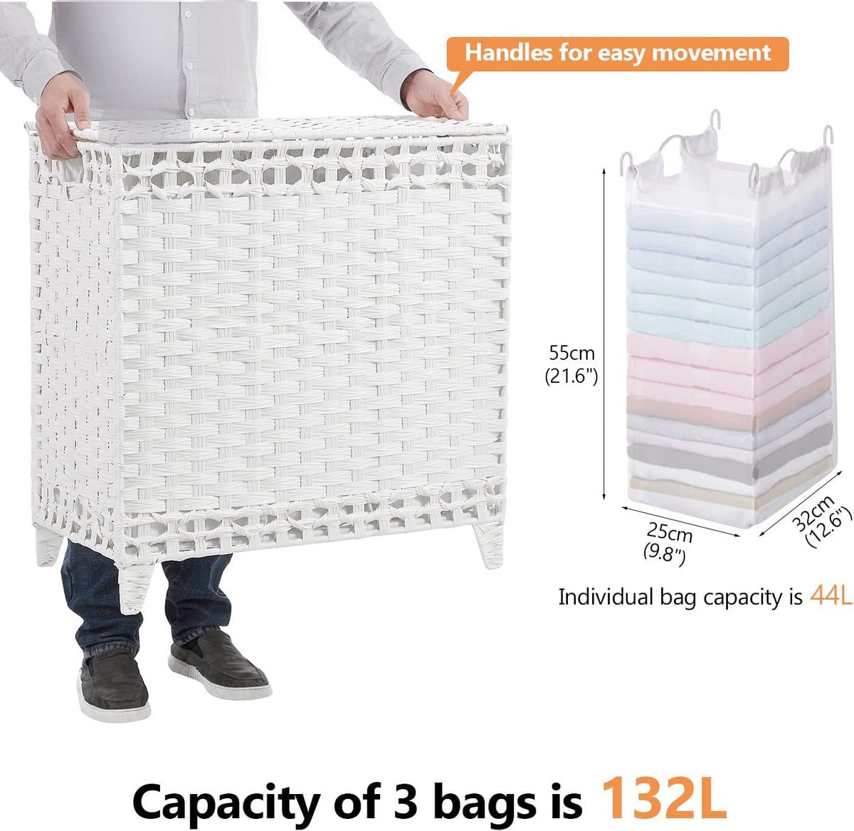 Laundry Hamper with 4 Removable Liner Bags, 176L Laundry Sorter with Lid
