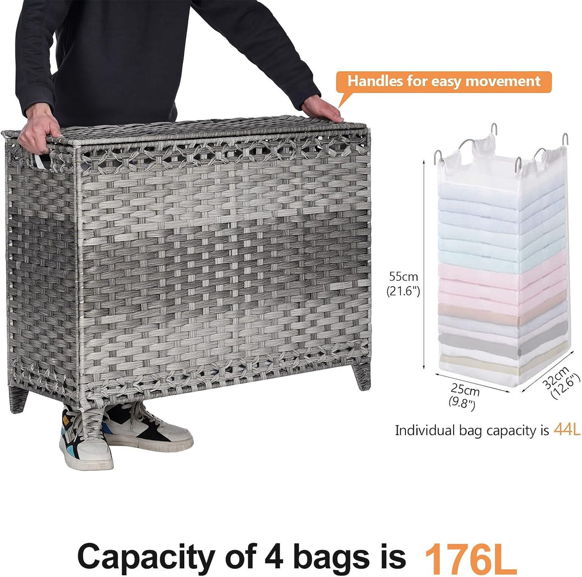 Laundry Hamper with 4 Removable Liner Bags, 176L Laundry Sorter with Lid
