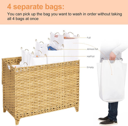 Laundry Hamper with 4 Removable Liner Bags, 176L Laundry Sorter with Lid