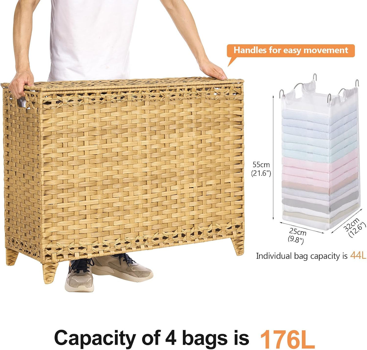 Laundry Hamper with 4 Removable Liner Bags, 176L Laundry Sorter with Lid