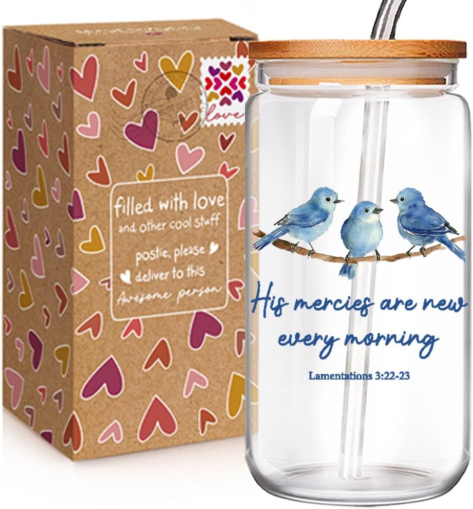 Inspirational Christian 16oz Glass Cup with Bamboo Lid & Straw | His Mercies Are New Every Morning Blue Bird Design, Bible Verse Religious Faith, Birthday & Office Gifts