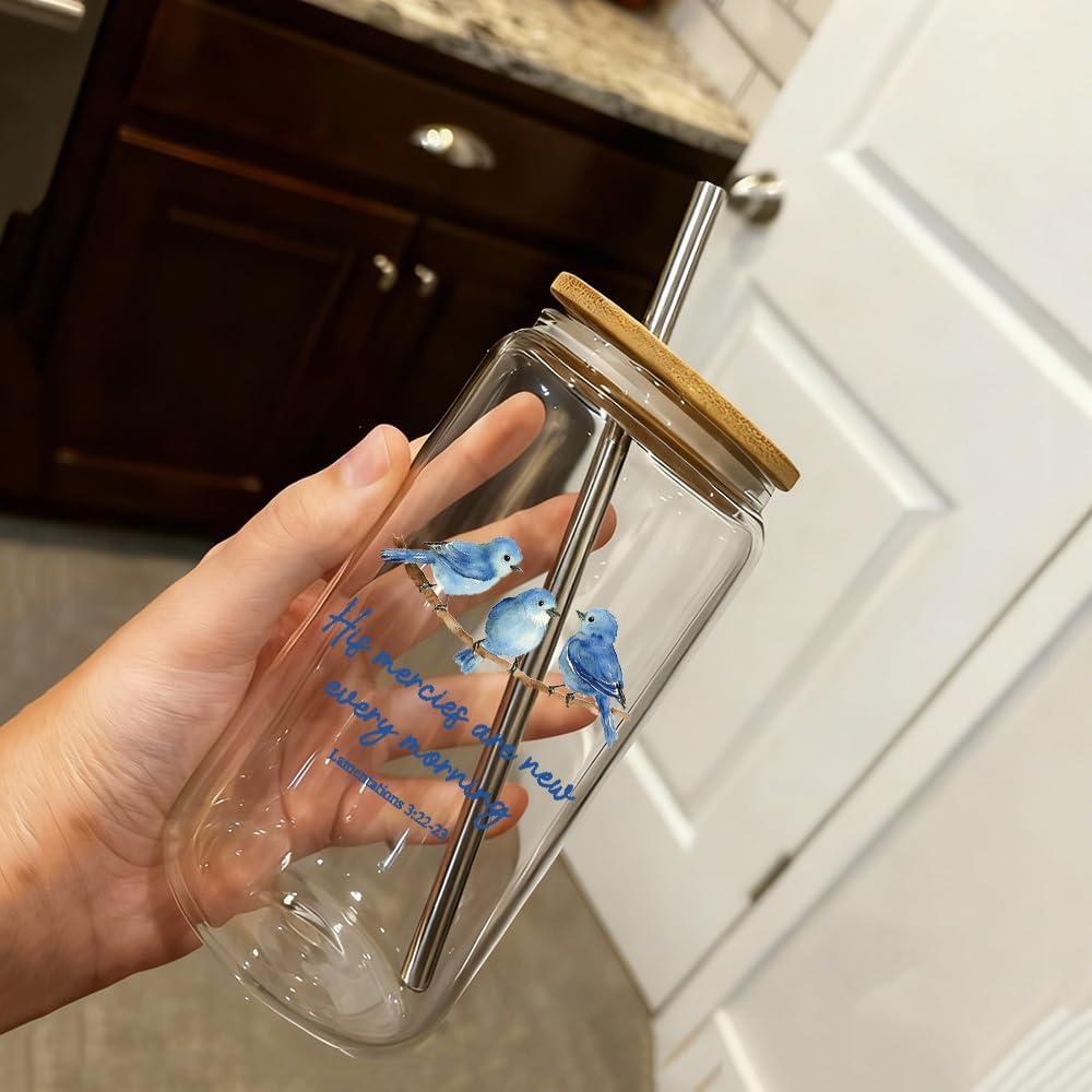 Inspirational Christian 16oz Glass Cup with Bamboo Lid & Straw | His Mercies Are New Every Morning Blue Bird Design, Bible Verse Religious Faith, Birthday & Office Gifts