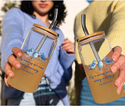 Inspirational Christian 16oz Glass Cup with Bamboo Lid & Straw | His Mercies Are New Every Morning Blue Bird Design, Bible Verse Religious Faith, Birthday & Office Gifts