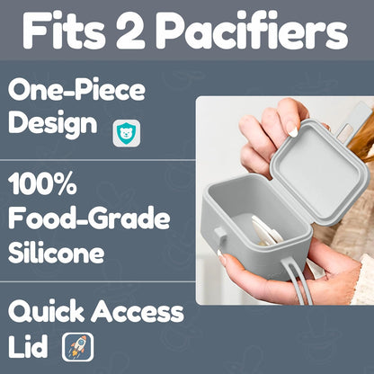 Silicone Pacifier Case, No Open Slot with Patented Closure, Dishwasher Safe, Attaches to Diaper Bag or Stroller, Holds 2 Pacifiers, (Sage)