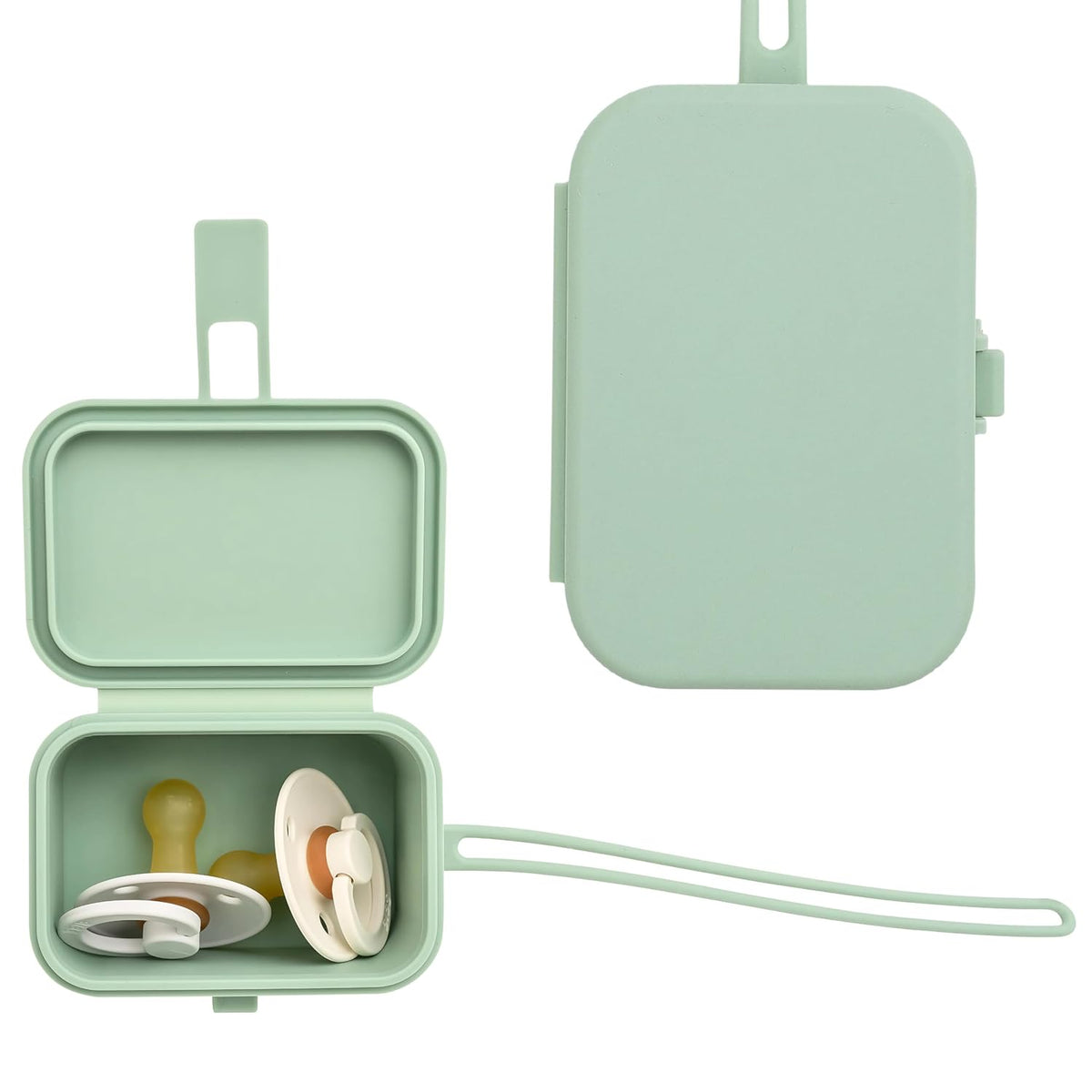 Silicone Pacifier Case, No Open Slot with Patented Closure, Dishwasher Safe, Attaches to Diaper Bag or Stroller, Holds 2 Pacifiers, (Sage)