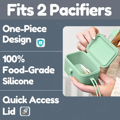 Silicone Pacifier Case, No Open Slot with Patented Closure, Dishwasher Safe, Attaches to Diaper Bag or Stroller, Holds 2 Pacifiers, (Sage)