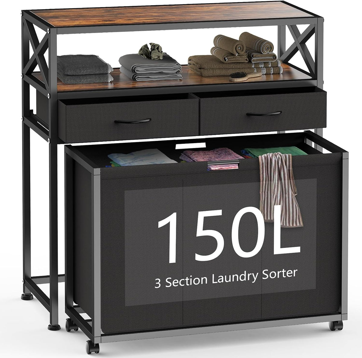 180L Laundry Sorter Hamper Basket 3 Section with Shelf & 2 Drawers
