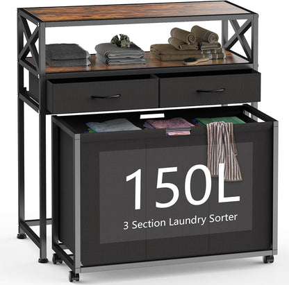 180L Laundry Sorter Hamper Basket 3 Section with Shelf & 2 Drawers