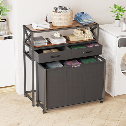 180L Laundry Sorter Hamper Basket 3 Section with Shelf & 2 Drawers