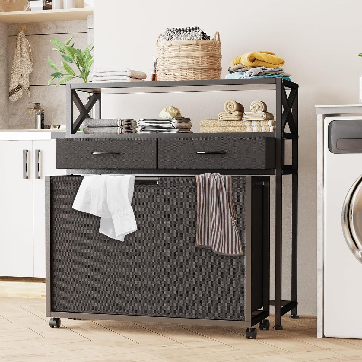 180L Laundry Sorter Hamper Basket 3 Section with Shelf & 2 Drawers
