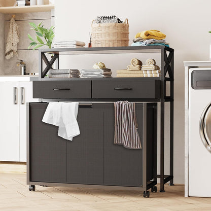 180L Laundry Sorter Hamper Basket 3 Section with Shelf & 2 Drawers