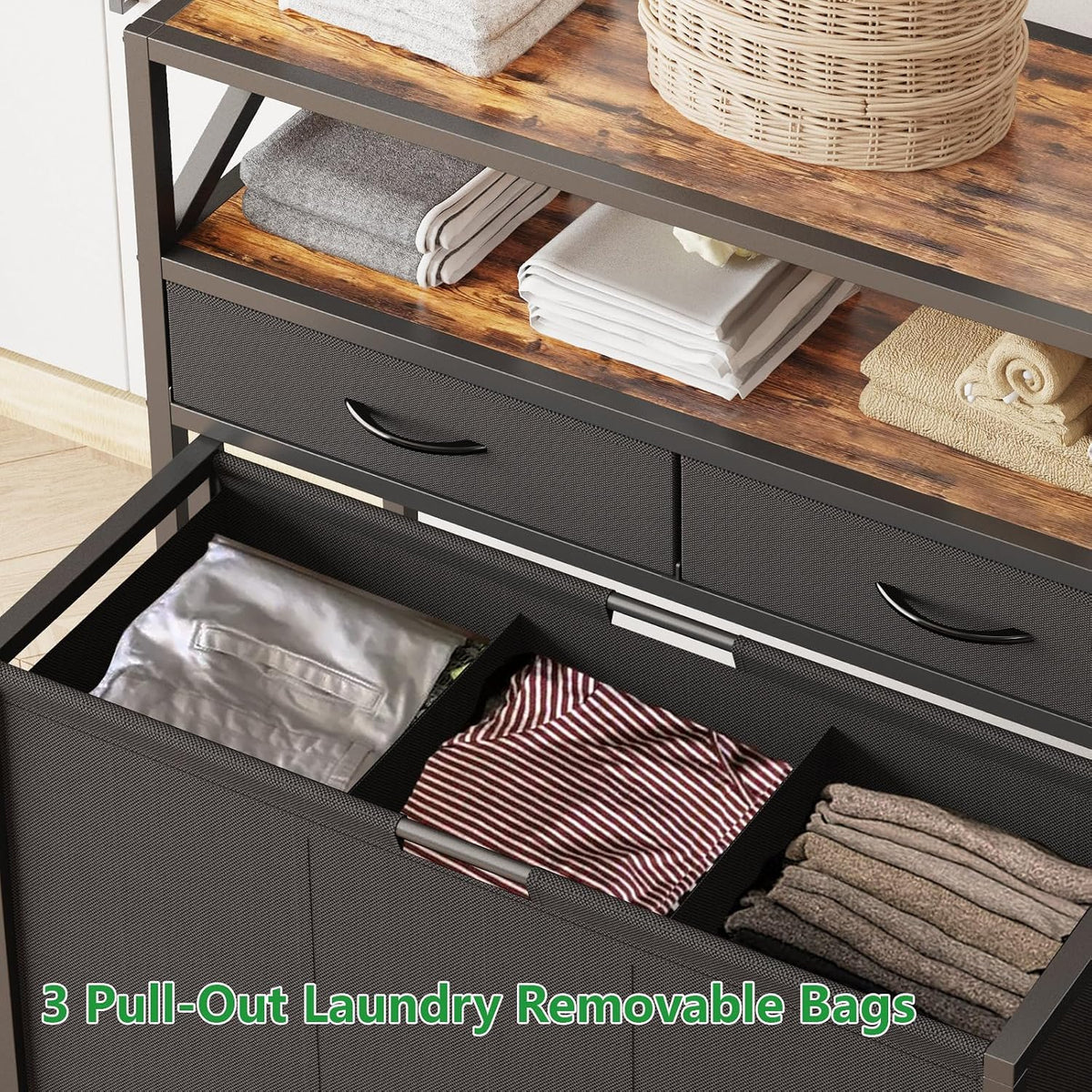 180L Laundry Sorter Hamper Basket 3 Section with Shelf & 2 Drawers