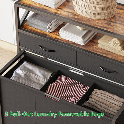 180L Laundry Sorter Hamper Basket 3 Section with Shelf & 2 Drawers