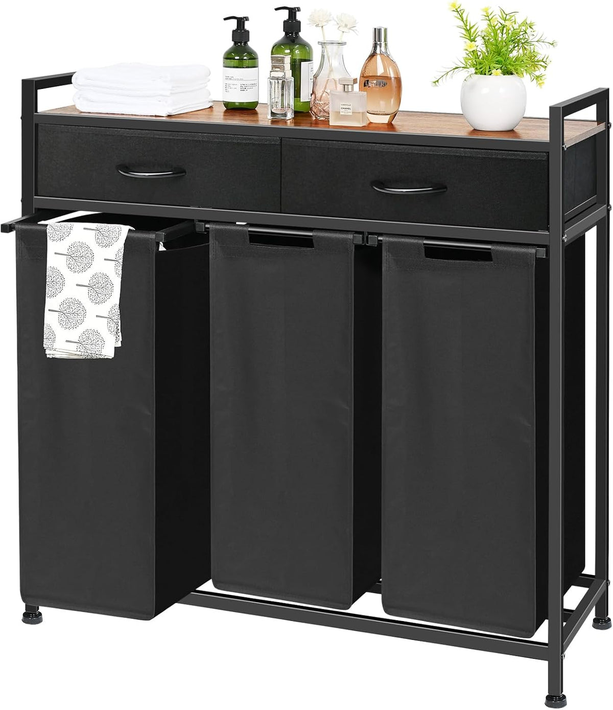 180L Laundry Sorter Hamper Basket 3 Section with Shelf & 2 Drawers