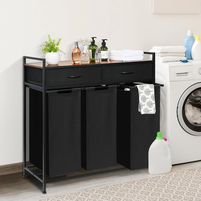 180L Laundry Sorter Hamper Basket 3 Section with Shelf & 2 Drawers