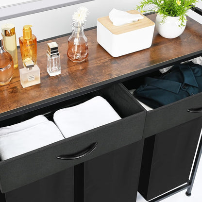 180L Laundry Sorter Hamper Basket 3 Section with Shelf & 2 Drawers
