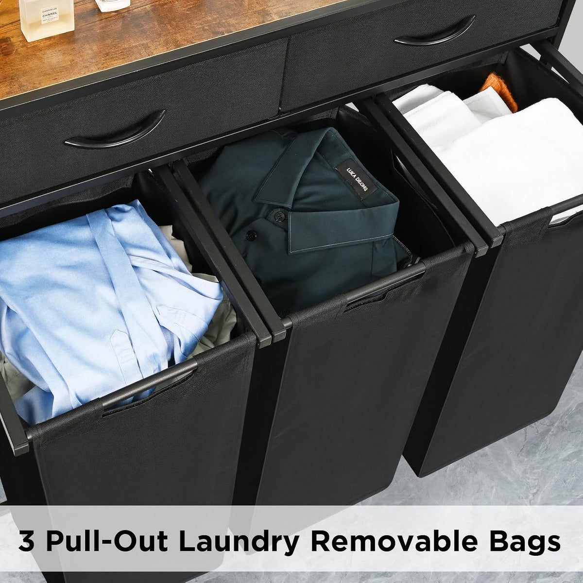 180L Laundry Sorter Hamper Basket 3 Section with Shelf & 2 Drawers